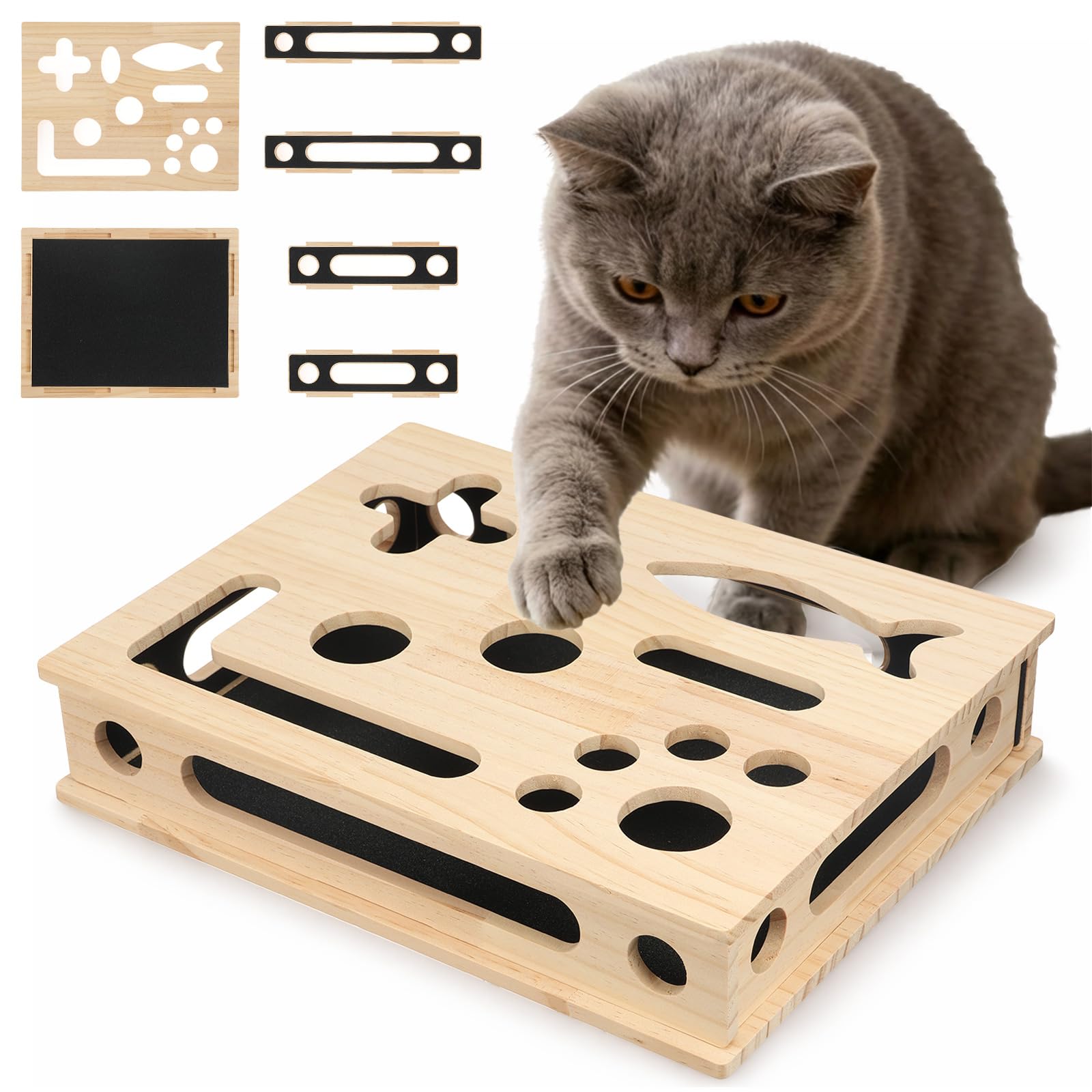 Cat Scratch Puzzle Enrichment Box, Wooden Cat Nail File Enrichment Box with Sandpaper Liner for Indoor Kitten Claw Care