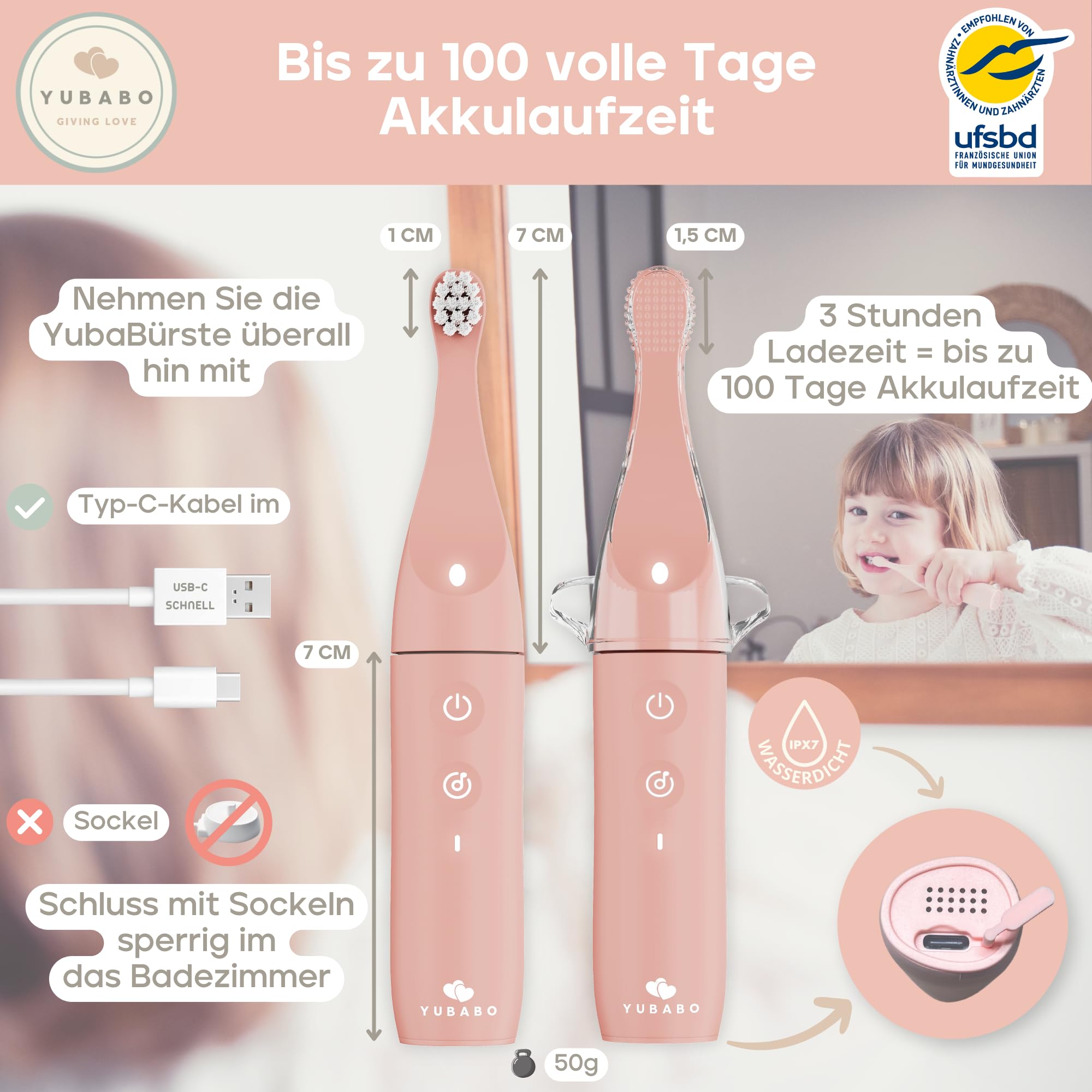 Elektrische Kinderzahnbürste mit Musik und Baby-Modus – 2 Schallmodi – 100 Tage Akkulaufzeit – 2-Minuten-Timer – 101 Aufkleber – Von Zahnärzten empfohlen – 1 bis 3 Jahre – Rosa