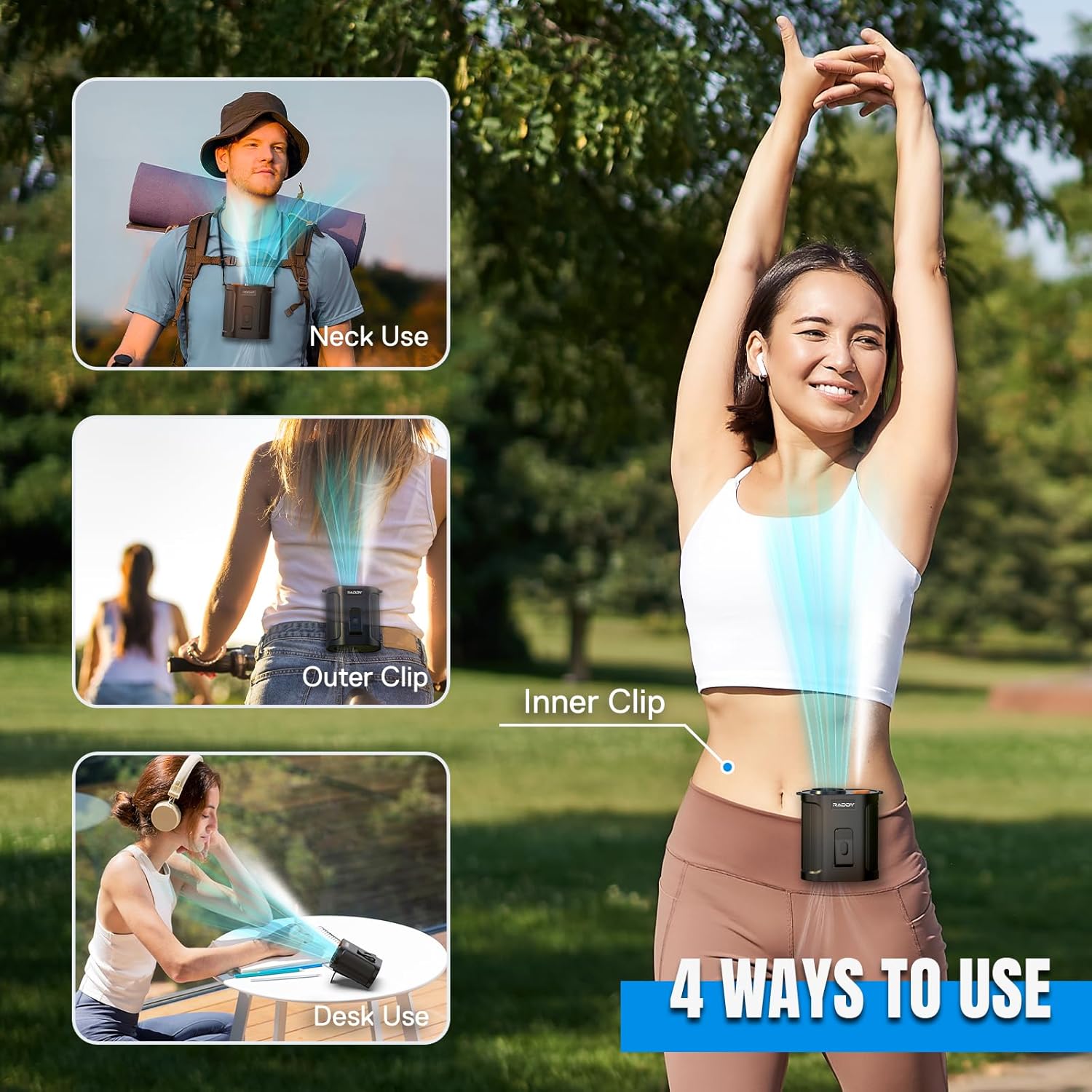 Raddy CF6 Portable Waist Fan with Cooling Mist, Rechargeable Personal Neck Fan, Hands-Free Clip Belt Fan with 14500RPM Strong Airflow, 5 Speeds, 18H Runtime for Camping, Outdoor, Travel