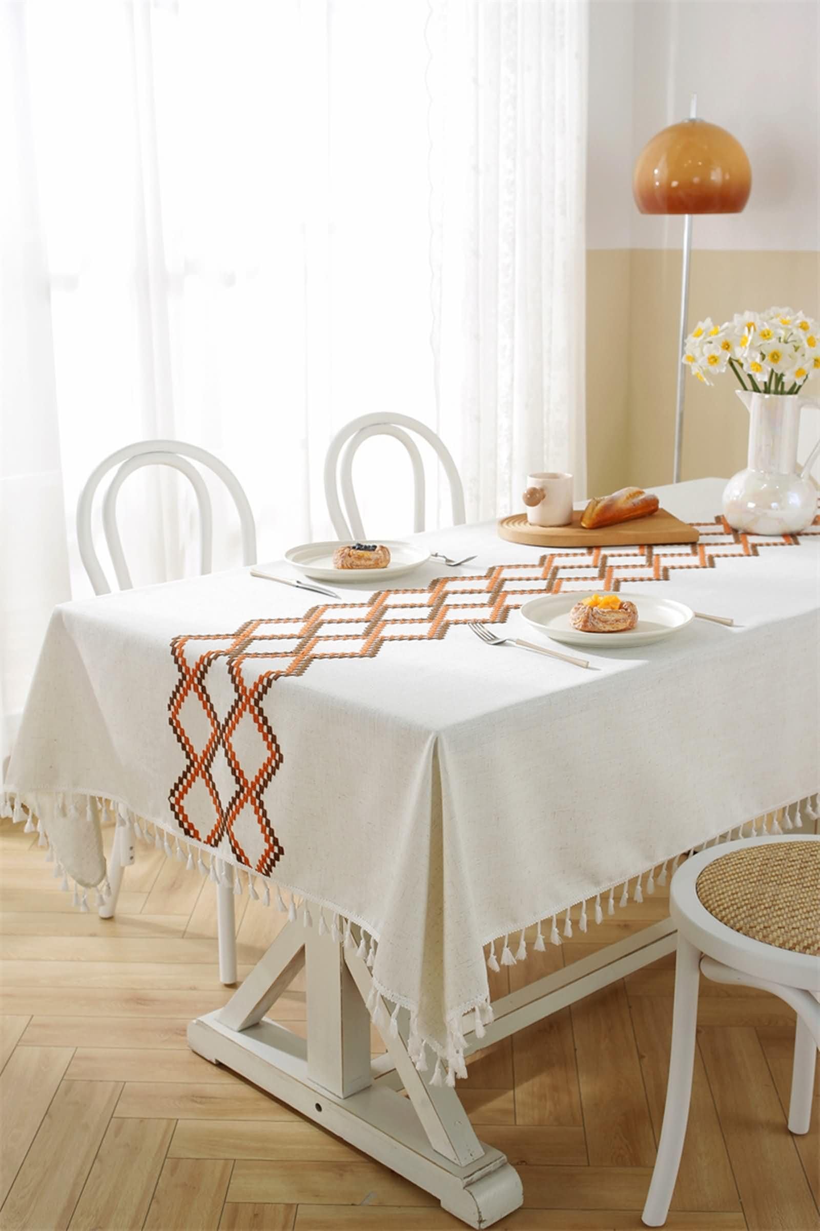 Mantel Rectangular Café para Mesa, Bordado de Geométrico con Borlas, de Poliéster Fácil de Limpiar, 140 x 180 cm, Mantel para Comedor y Cocina