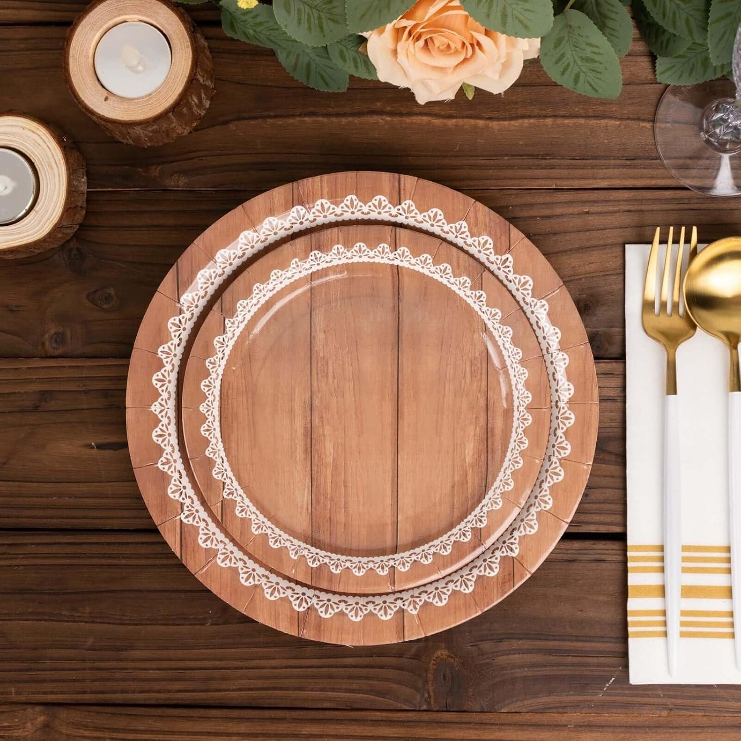 Efavormart 25-Pack 7" White and Brown Wood Grain Paper Plates with Floral Lace Rim; Modern Rustic Disposable Dessert Plates for Shabby Chic Receptions and Parties