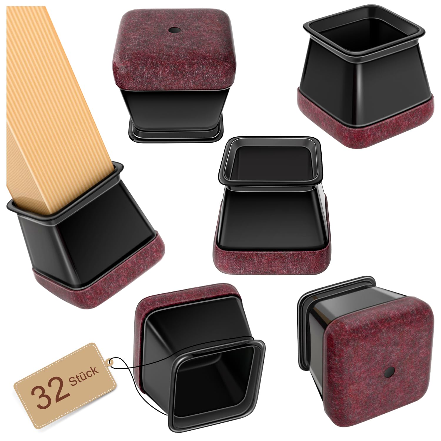 32 Stück Eckig Stuhlbeinkappen, Schwarz Silikon schutzkappen für stuhlbeine mit eingewickeltem Filz, fit 20-26mm, filzgleiter für stühle, Stuhlbeinschoner für Hartholzböden