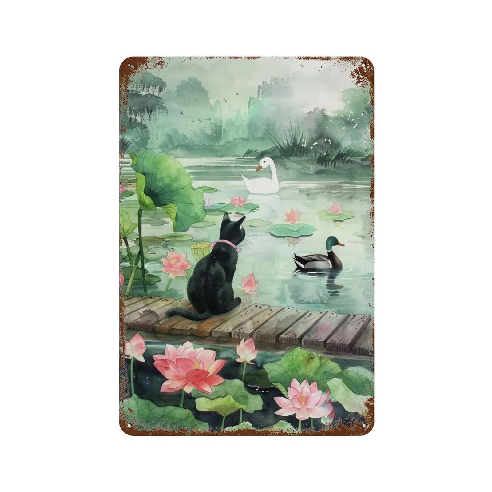 HDURYEYRYY Lotus Pond Cat & Ducks 03 Wall Retro Iron Vintage Art Metal Tin Sign Poster Modern Home Cofffee Club Art Bar Shop Decor 30x20cm