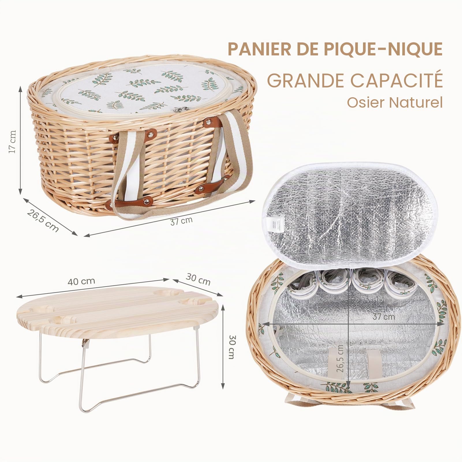 Panier de Pique-Nique Zettfuly pour 4 Personnes - Panier en Osier Isotherme avec Table à vin Pliante, kit de Pique-Nique à vin avec Doublure pour Couples, Camping, extérieur, Saint-Valentin (Feuille)