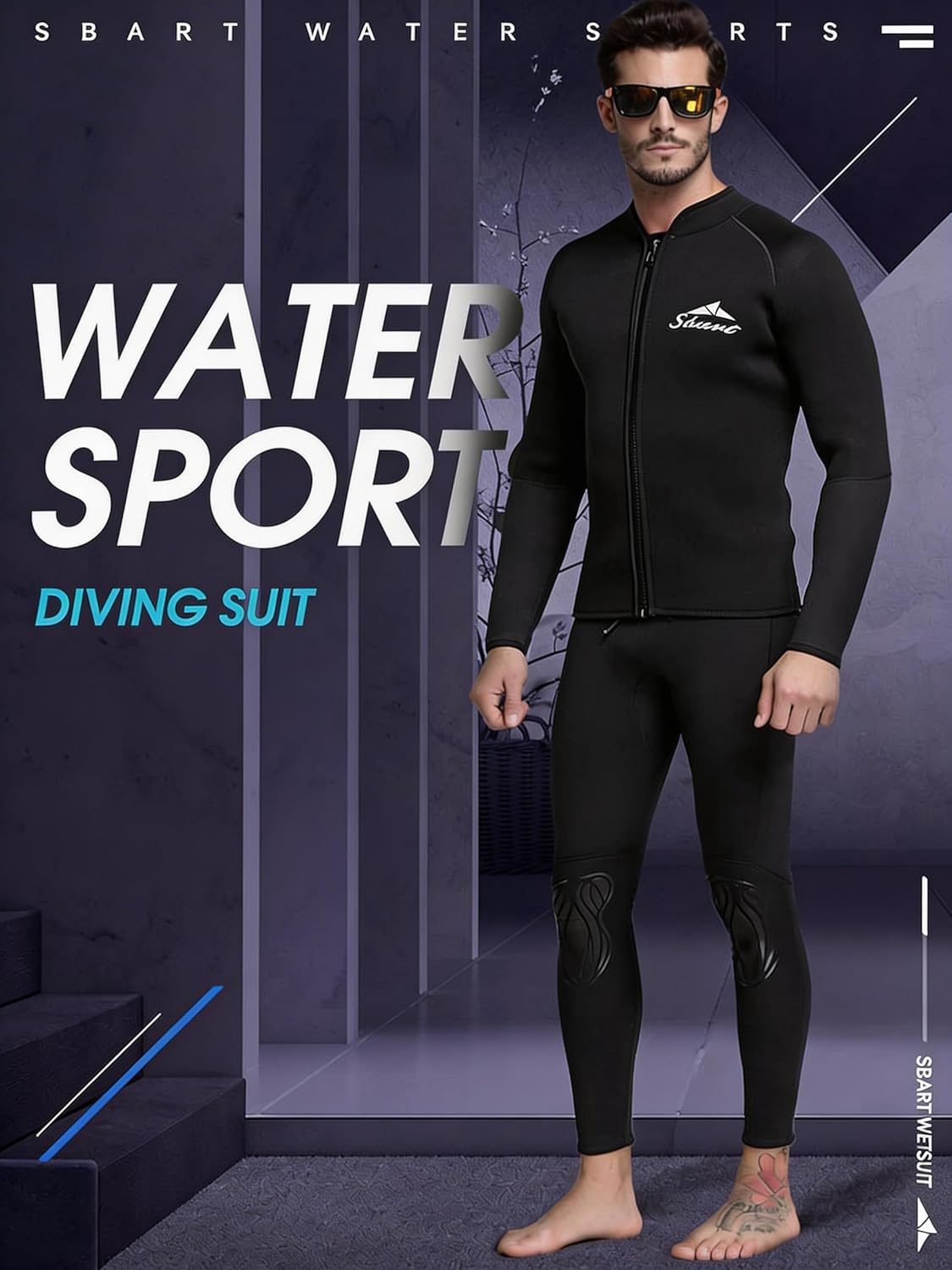 Sbart Premium Men's 1.5mm Neoprene Wetsuit Two Piece Top Jacket + Pants, Keep Warm Comfy, Adult Men Full Body Wetsuit Diving Suit 2pc for Scuba Diving Snorkeling Surfing Paddling Swimming