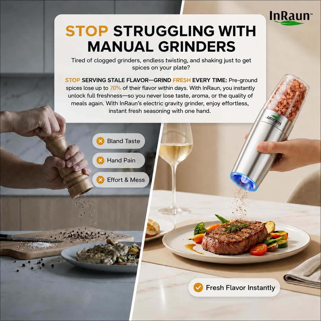 Gravity Electric Salt & Pepper Grinder Set – End Messy, Uneven Seasoning, Zero Clogging, Grind Fresh, One-Hand Automatic, Adjustable Coarseness, LED Light, Stainless Steel Mills, Silver (2Psc)