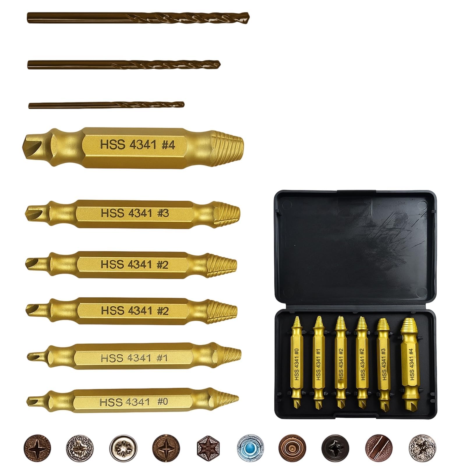 Set di estrattori per viti, 9 pezzi, set di estrattori a sinistra, svitatore per viti e viti estrattore a vite, estrattore doppio rivestito in titanio con punte elicoidali in metallo duro per viti