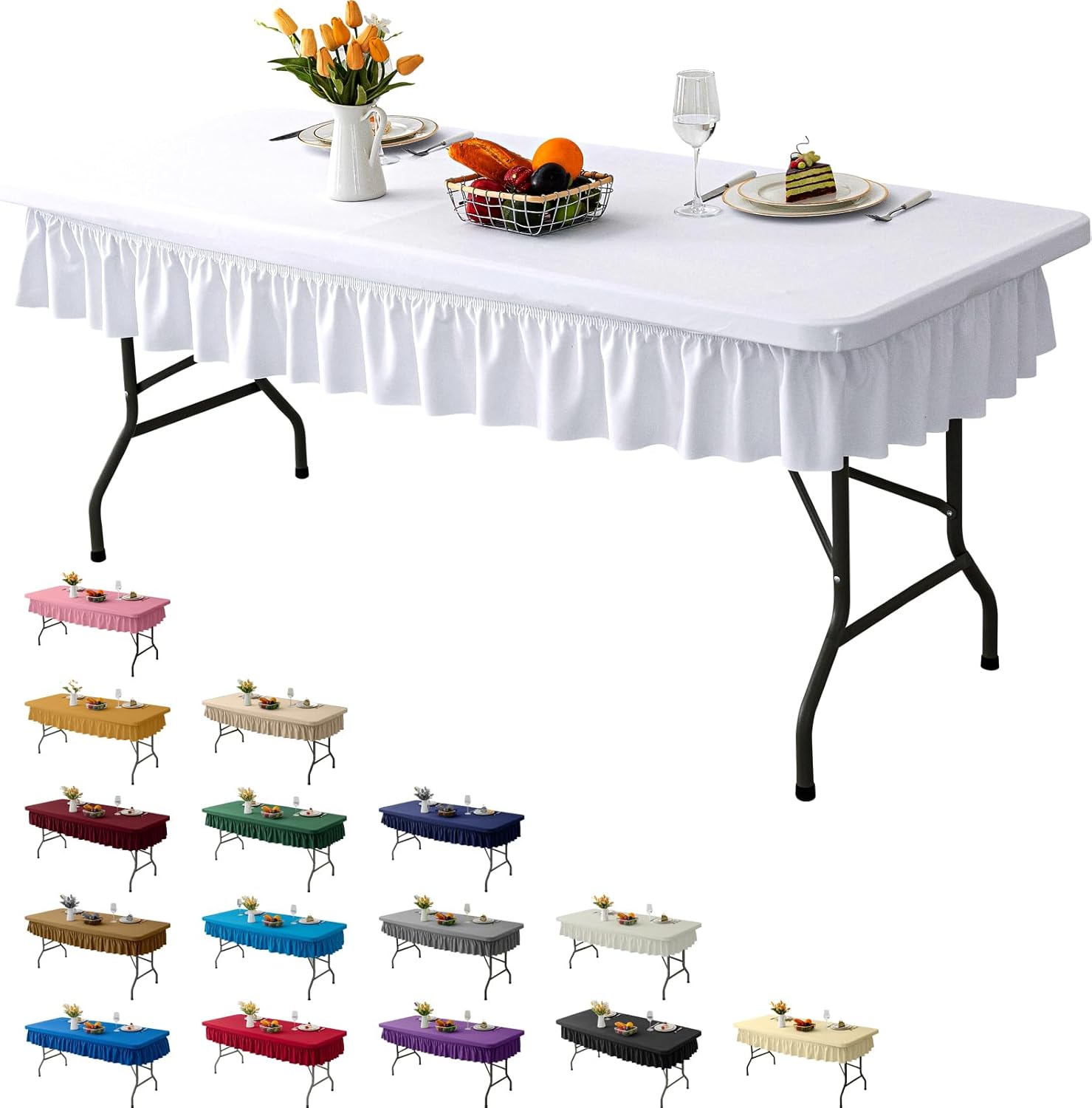 8ft White Stretch Tablecloth for Rectangular Tables - Flared Wrap Design, Waterproof, Wrinkle-Resistant, Washable - Ideal for Weddings, Parties, Banquets & Table Protection 96\" x 30\" (Rectangular) White