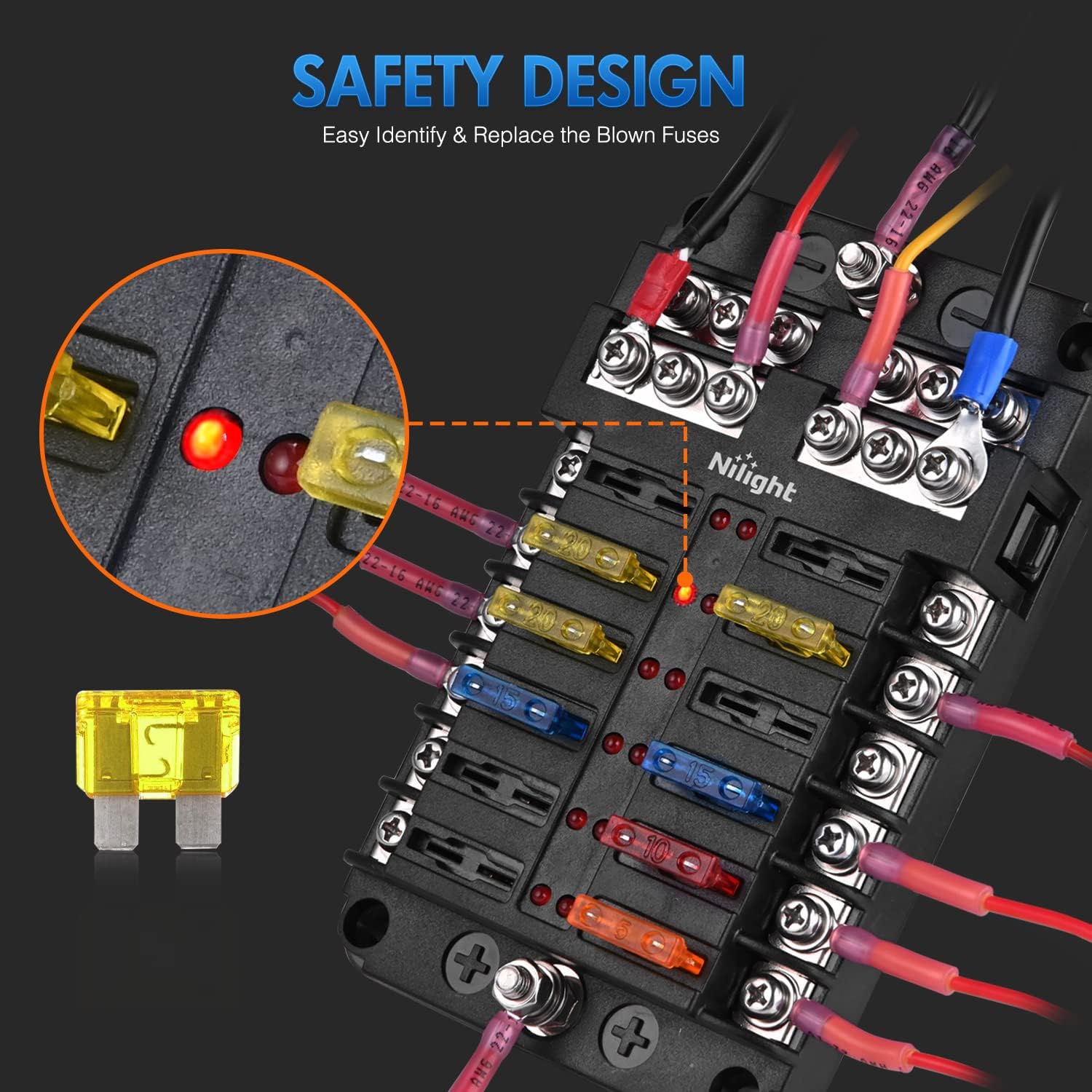 Nilight 12 Way Blade Fuse Block 12 Circuits with Negative Bus Fuse Box Holder with LED Indicator ATO/ATC Fuse Panel Waterproof Cover for 12V Automotive Cars Marine Boats,RVs,Trailers,2 Years Warranty : Automotive