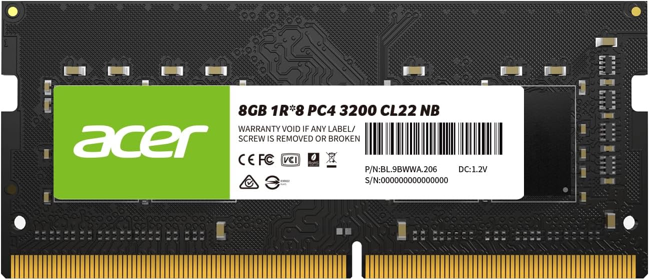 Acer SD100 DDR4 8GB Up to 3200 MHz Ram, SODIMM PC4-2500 CL22 Computer Memory 1.2V, 260 Pins, PC Laptop Ram - BL.9BWWA.206