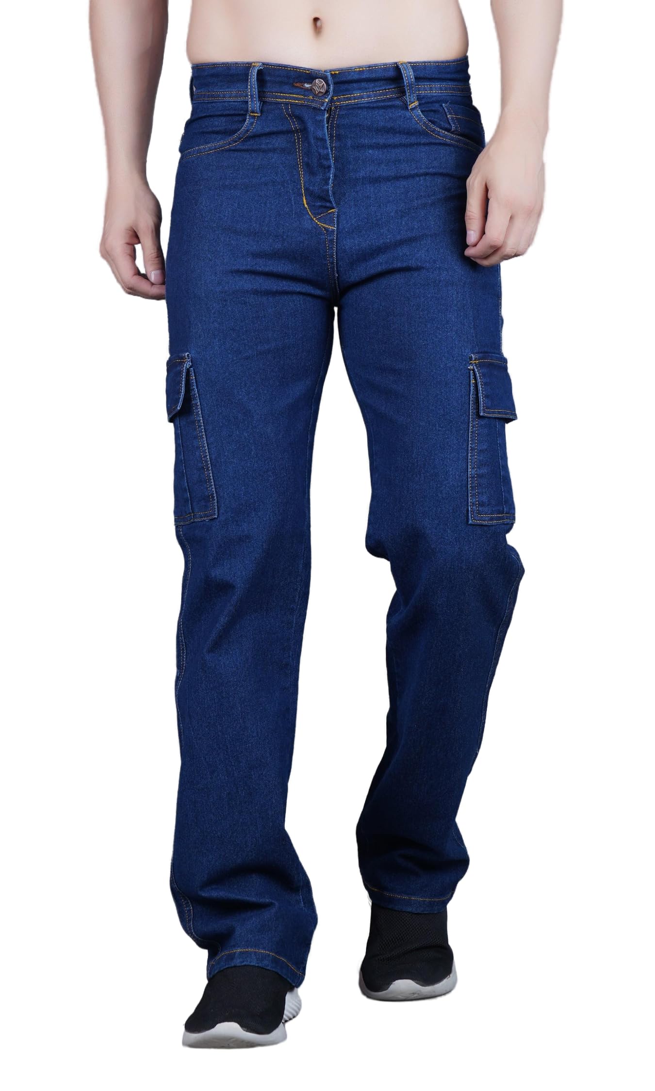 Men's Cargo Denim Jeans, Regular Fit, Dark Blue, Baggy Style with Multiple Pockets-image-10