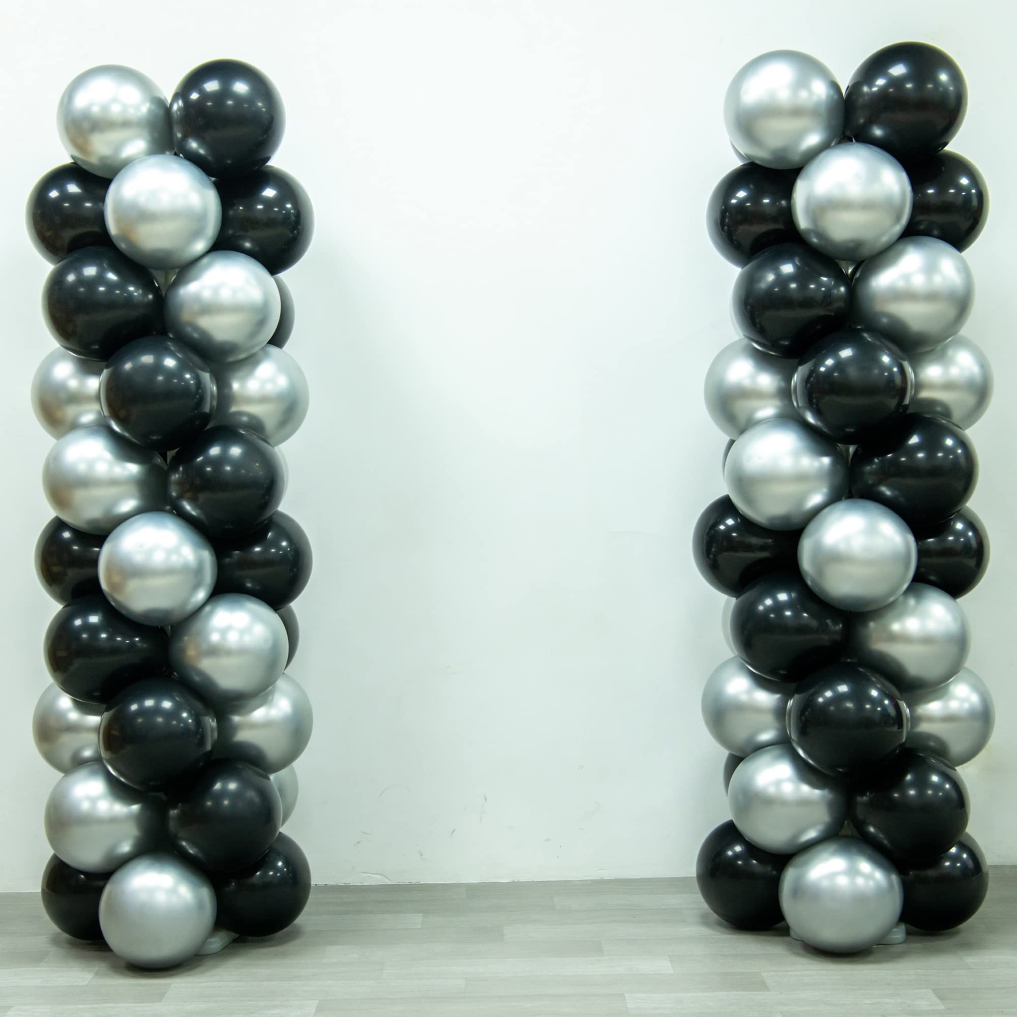 MOXMAY Balloon Column Stand Kit Set of 2, 5 Ft Modular Balloon Tower Pillar with Base for Graduation, Birthday, Wedding, Baby Shower Party Decoration (100 Silver Black Balloons Included)