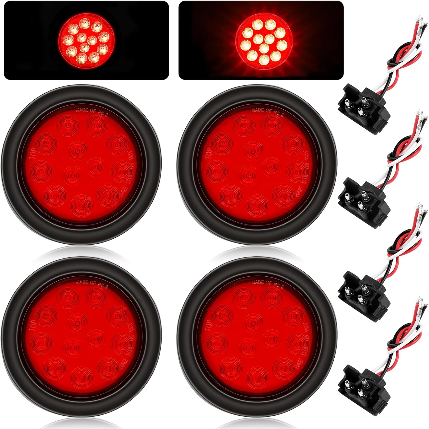 10Pcs 4" Round Red Led Trailer Lights, Trailer Tail Lights, 4 Inch 12V Waterproof Stop Turn Brake Led Tail Lights Sealed Flush Mount for Trucks RV Rubber Grommets & 3-Prong Wire Plugs Included