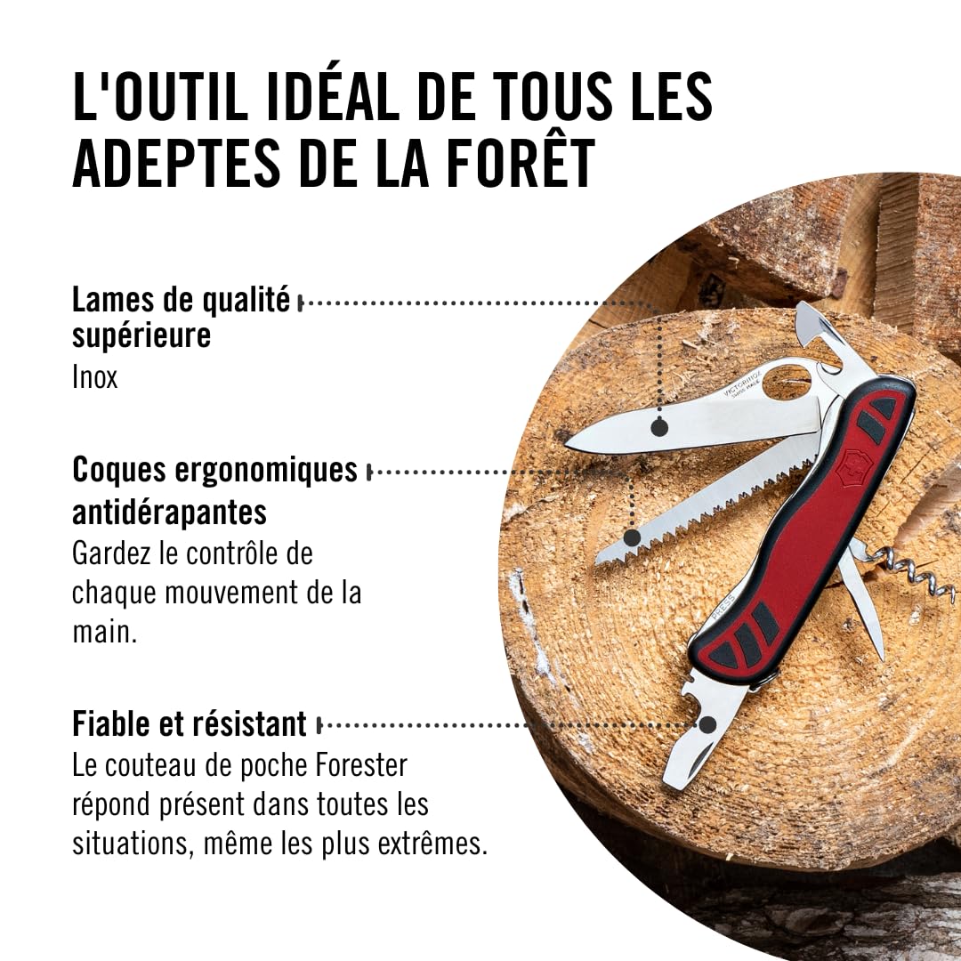 Victorinox Forester M Grip Couteau de Poche Suisse, Multitool, 10 Fonctions, Scie à Bois, Tire Bouchon, Rouge
