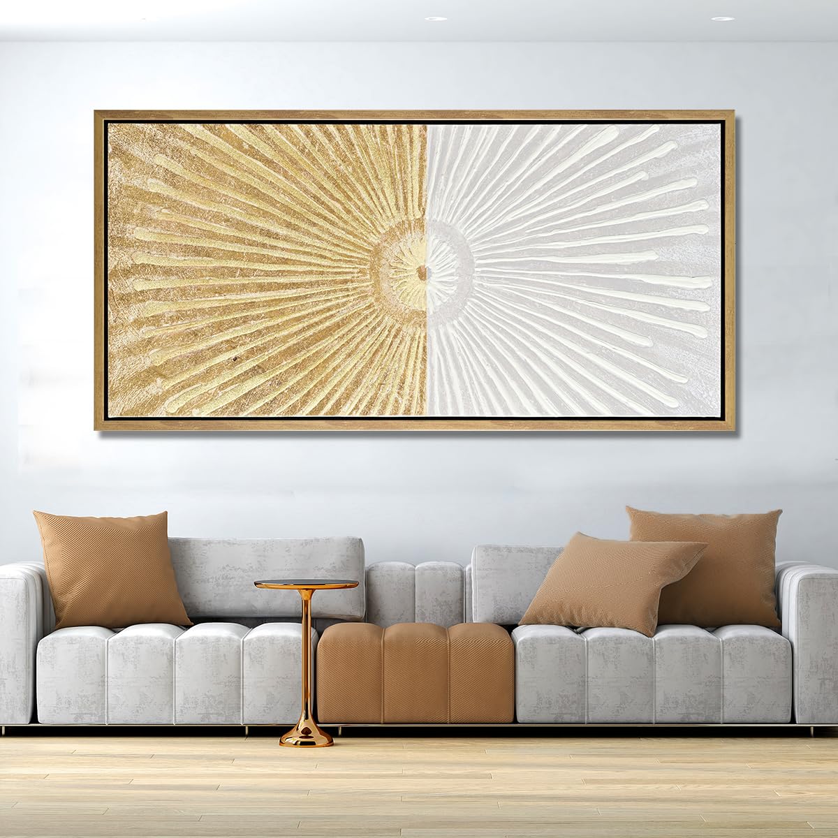 Framed Canvas Wall Art Symmetrical Line Abstract Modern White Gold Wall Decor Art for Living Room Bedroom Bathroom Office Wall Decor 24"x48"
