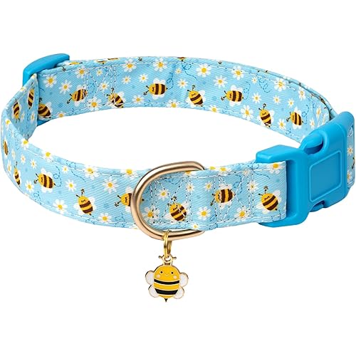 Dog Collars with Buckle Adjustable for Cute Girl Female Boy Dogs,Special Soft and Fancy Dog Pet Collar with Bee Design for Small Medium Large Dogs (S, Blue-Bee)