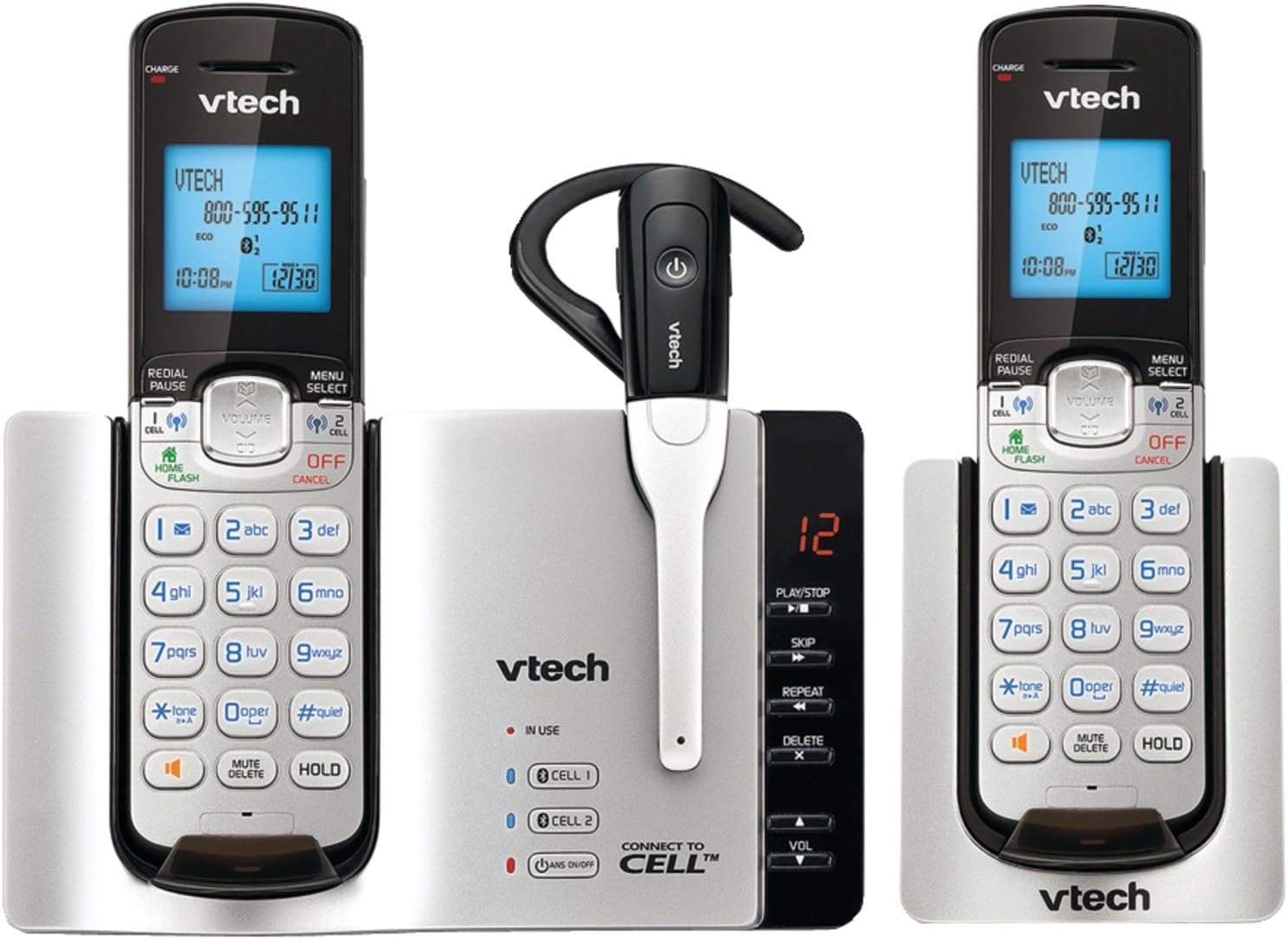 VTech DS6671-3 DECT 6.0 Expandable Cordless Phone with Bluetooth Connect to Cell and Answering System, Silver/Black with 2 Handsets and 1 Cordless Headset
