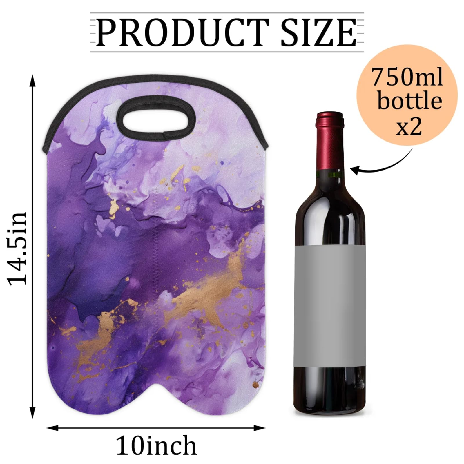 GzLeyigou 2 Bottles Marble Texture Purple Wine Bag Sleeve Totes Neoprene Protective Wine Carrier Bag for Wine,Water, Champagne, Beer, Baby Bottles,Gift 14.5 x 10 Inches