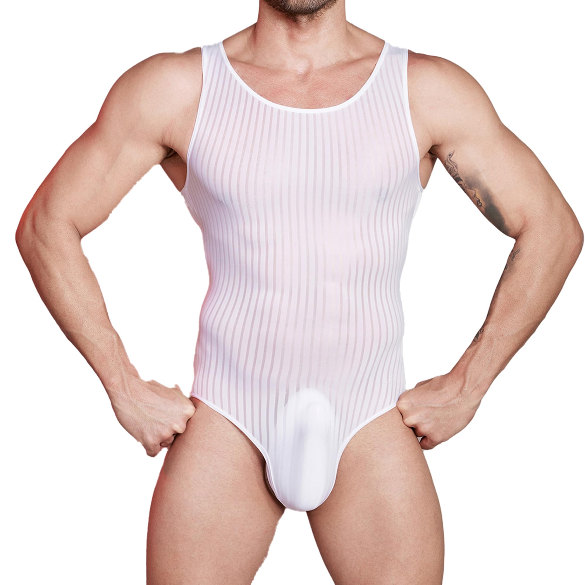QiaTi Men’s Striped Sheer Bodysuit Slim Sport Undershirts Sexy Briefs Jumpsuit Sleeveless Wrestling Singlet Stretchy One-piece Leotard