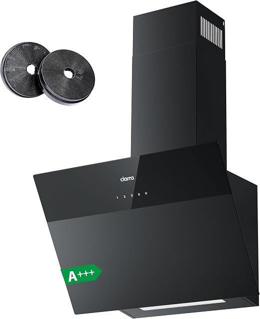 CIARRA CBCF6736H A++ Touch Control Angled Cooker Hood 60cm 4-Speed with Booster Function Chimney Vent Hood with Dimmable LED Lights Recirculating&Venting Kitchen Extractor Fan Black