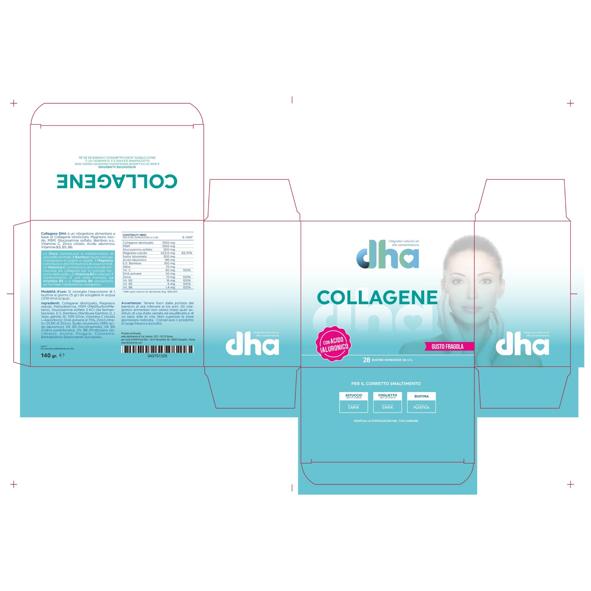 Collagene DHA - Collagene Idrolizzato 28 Bustine da 5 gr, Integratore con Collagene, Acido Ialuronico e Vitamina C per la Cura della Pelle, Gusto Fragola