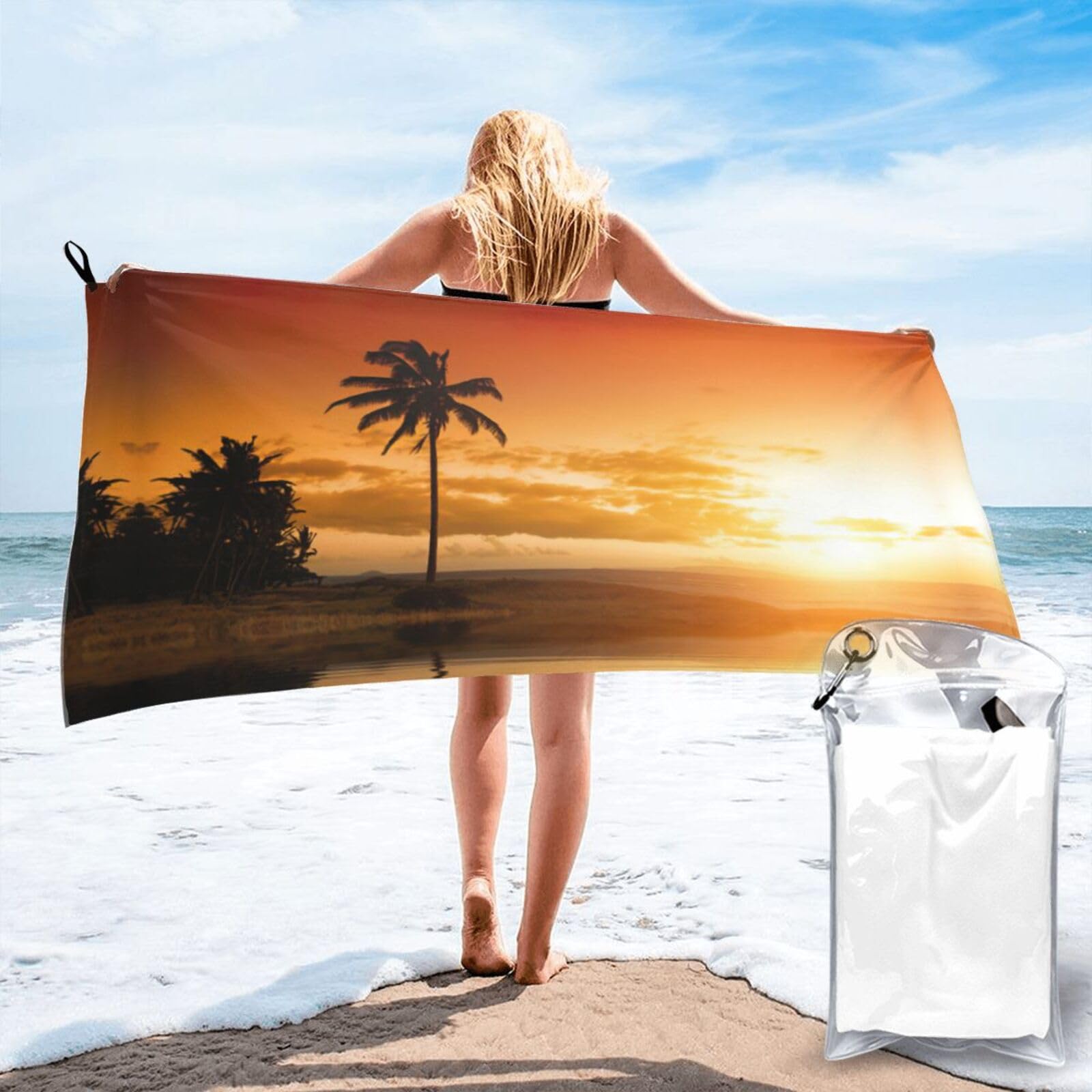ENGhjes Palm Tree Sunset Print Camping Towel Fast Drying Bath Beach Shower Wrap For Gym Camping Vacation Adults Portable Gift