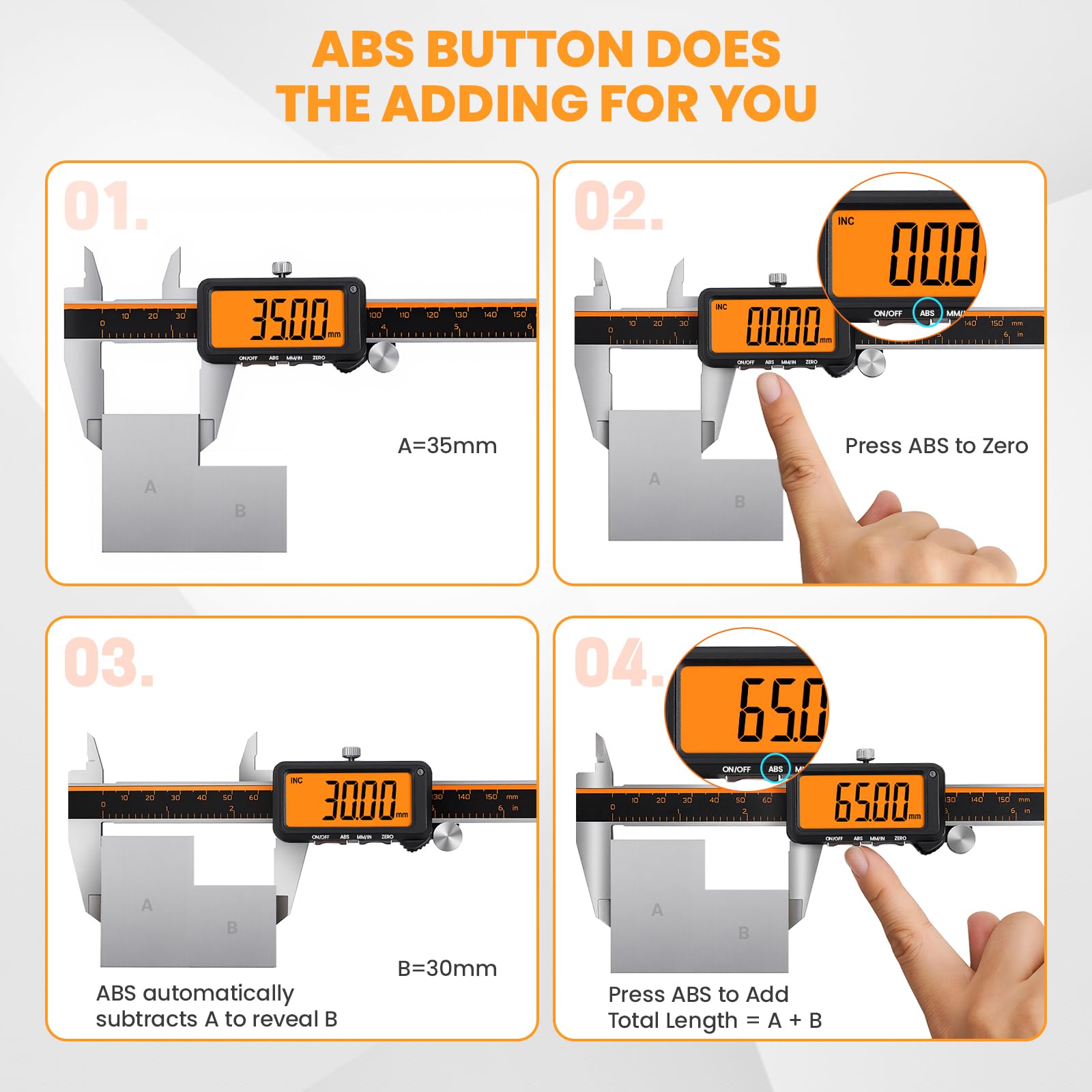 HARDELL Pied à coulisse numérique rechargeable avec grand écran orange, fonction LCD antireflet et ABS, outil de mesure en millimètre, micromètre en acier inoxydable – Arrêt automatique pour bricolage