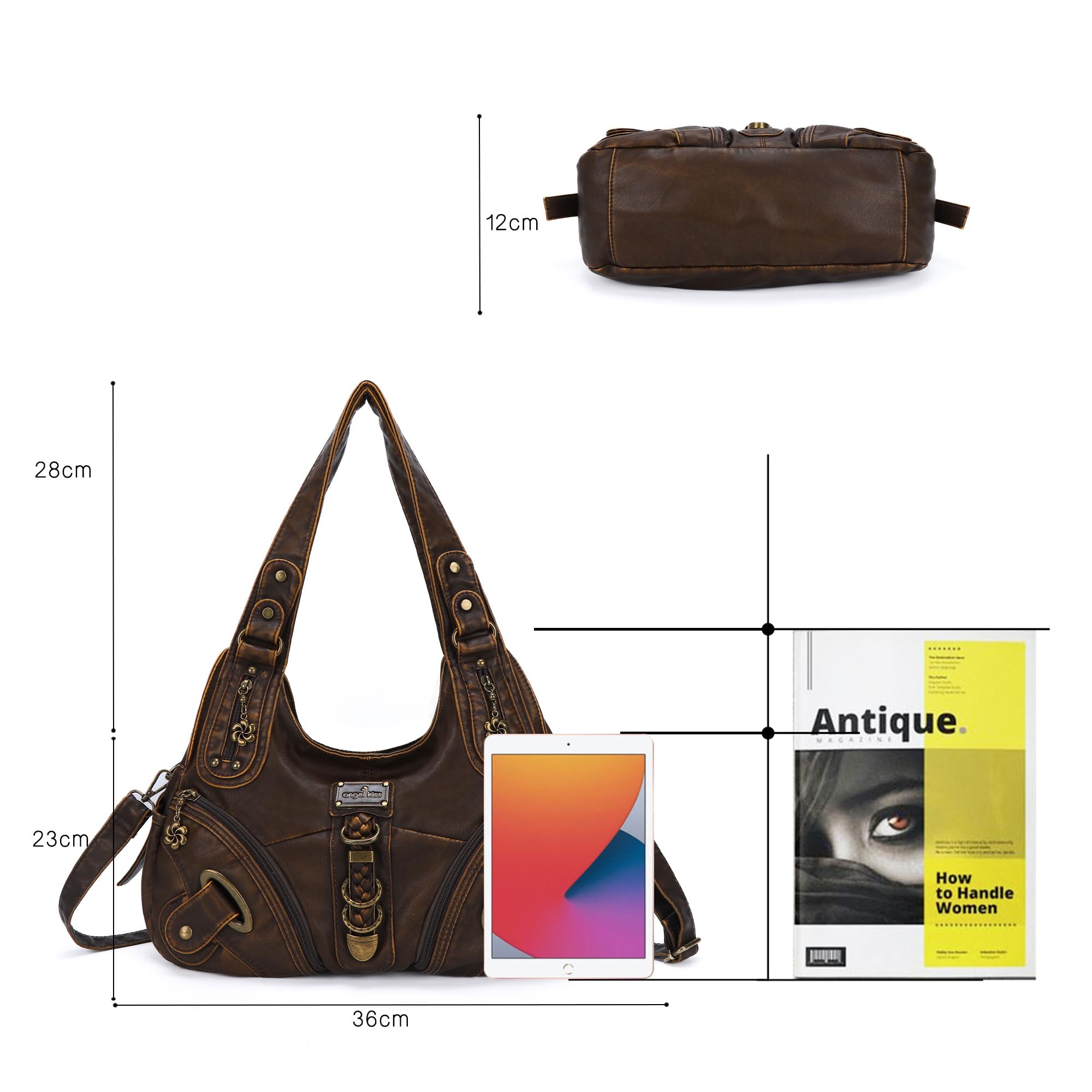Angelkiss Hobo portfele i torebki dla kobiet, torba na ramię, duża, do codziennego użytku, 801Brown | Portfele