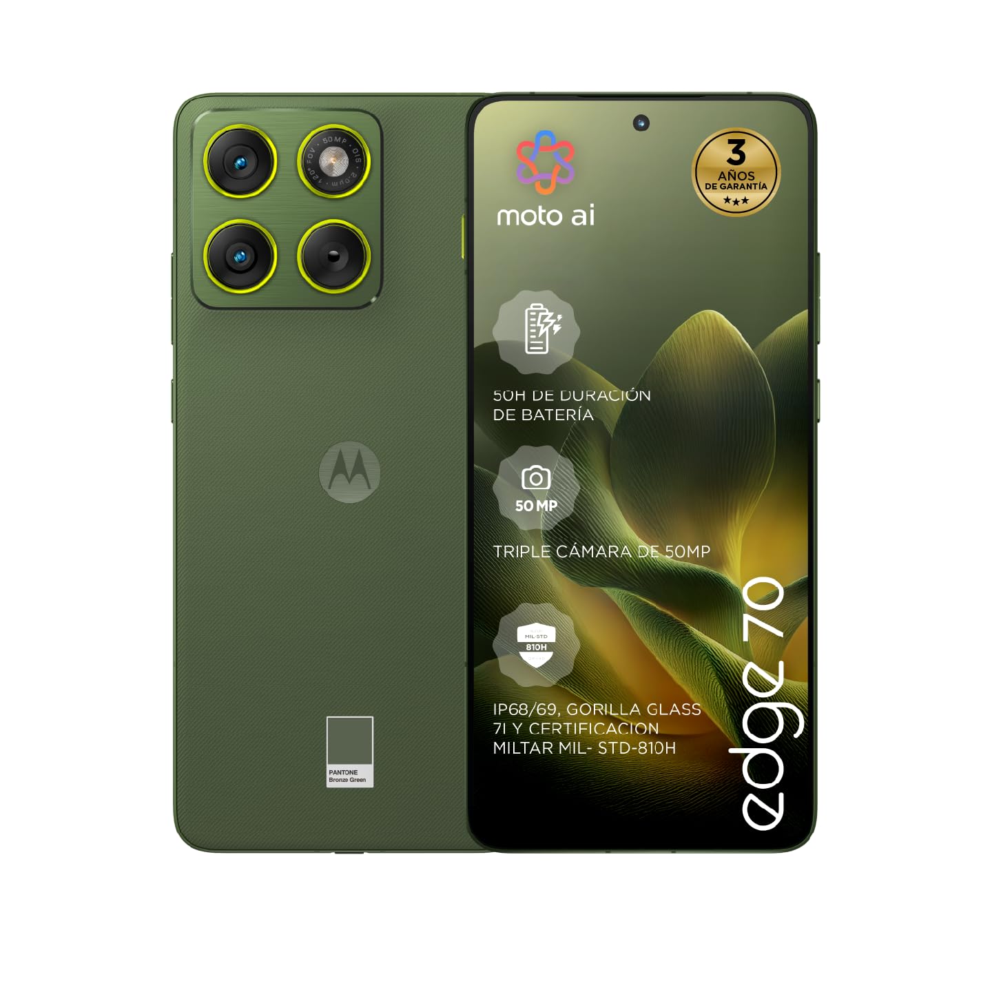 Motorola Edge 70 24GB (12GB+12GB RAM Boost)/512GB Bronze Green, España. Diseño increíblemente Fino. Pantalla Super HD de 6,7″. Triple cámara 50MP con Moto ai. 4800 mAh. Durabilidad de Grado Militar