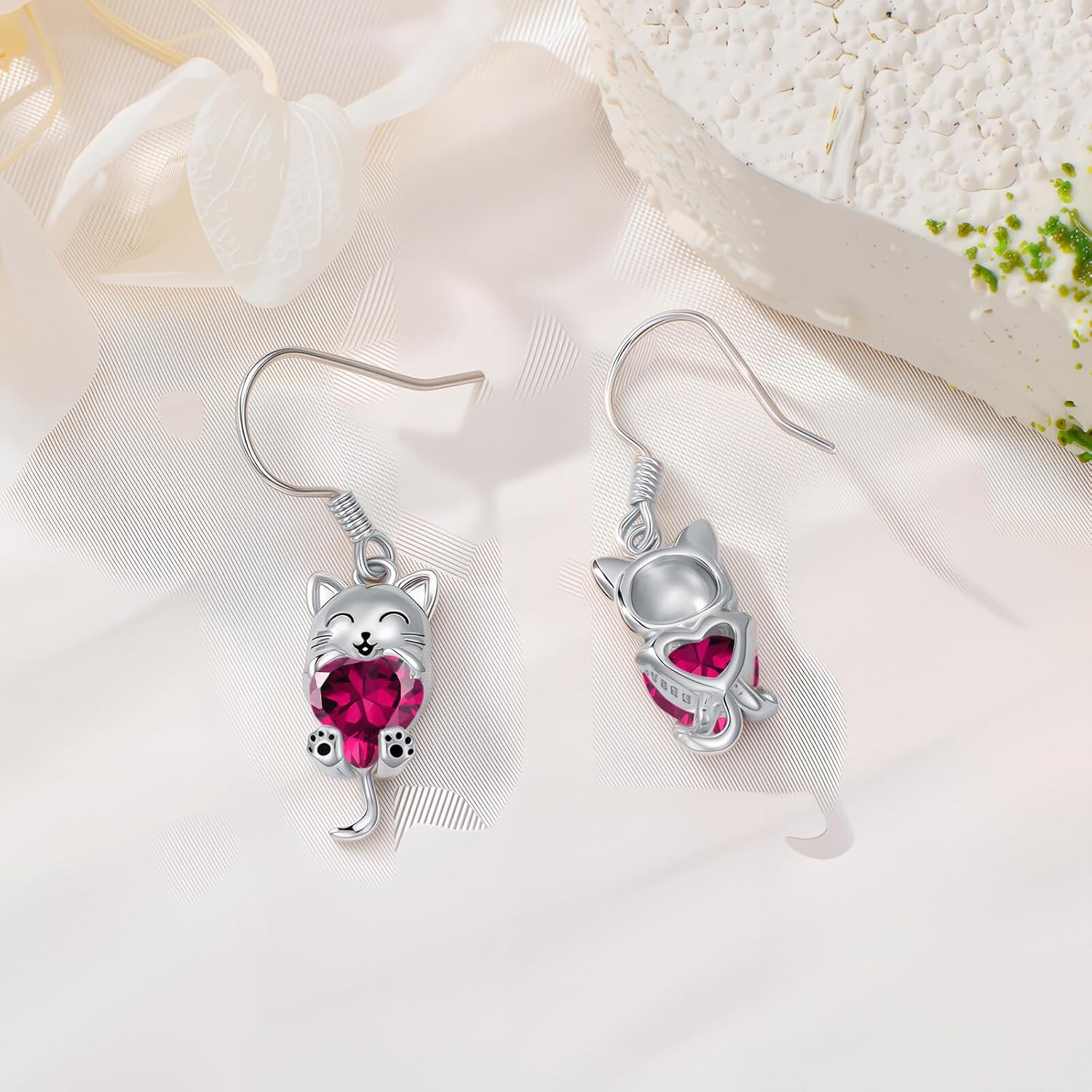LONAGO Cat Earring with Synthetic Birthstone Cat Dangle Earrings Gift for Women - Image 3