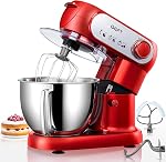 Mélangeur de position, 6 QT 600W Mélangeur à tête incrustée, mélangeur 6+P de vitesse Mélangeur électrique de la cuisine avec bol en acier inoxydable, crochet à queue à lave-vaisselle-safe, batteur plat, fouet de fil, garde-splash, rouge
