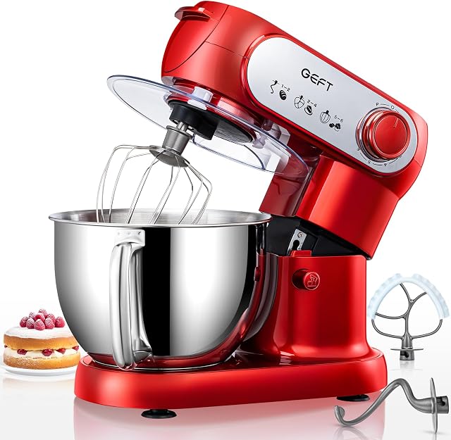 Mélangeur de position, 6 QT 600W Mélangeur à tête incrustée, mélangeur 6+P de vitesse Mélangeur électrique de la cuisine avec bol en acier inoxydable, crochet à queue à lave-vaisselle-safe, batteur plat, fouet de fil, garde-splash, rouge