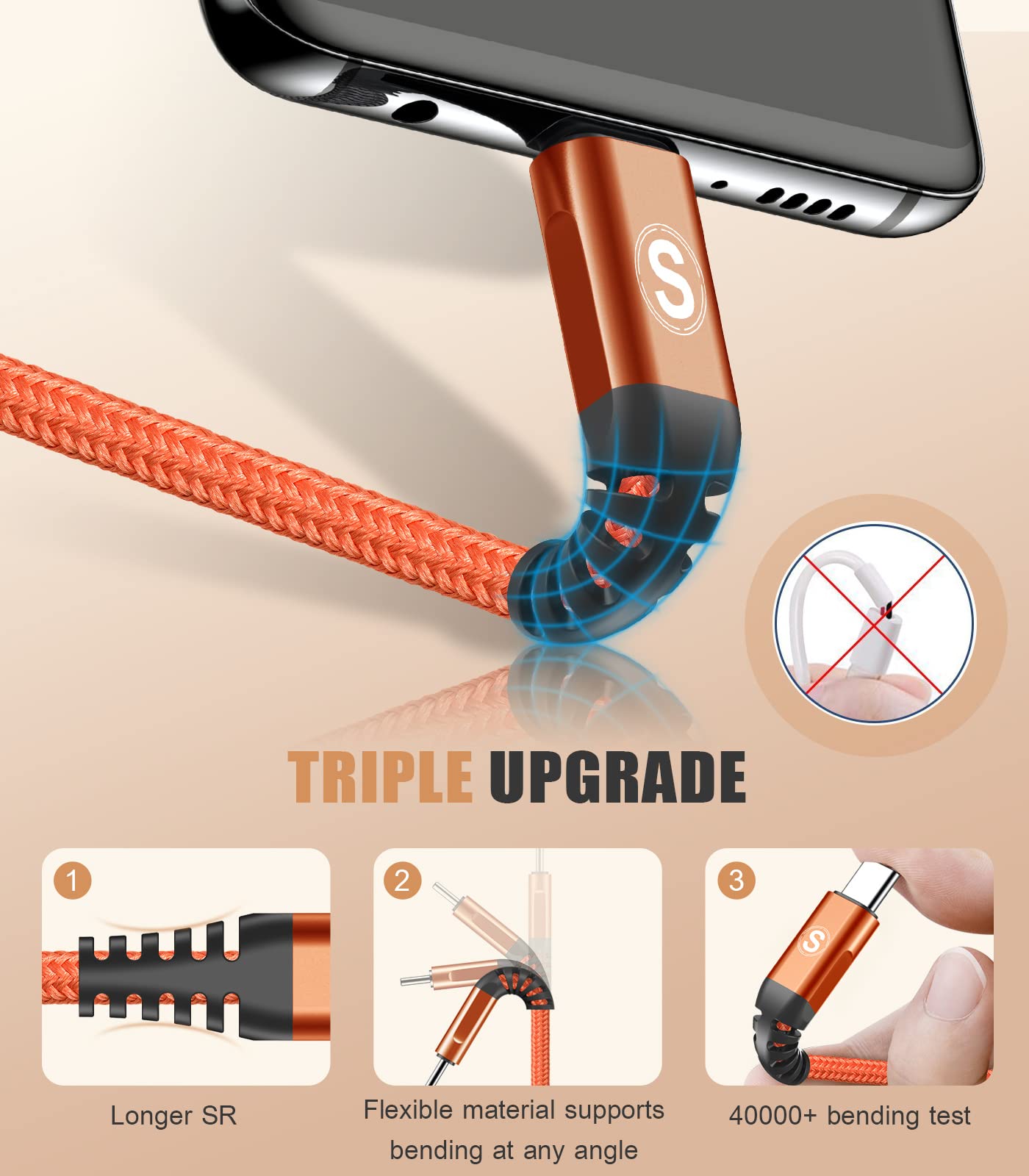 Cavo USB C [3-Pezzi,1m2m3m] Cavo Tipo C di Ricarica Rapida per i phone 15 Plus Pro Max,Samsung Galaxy S23/S22/S21,Sony,Xiaomi,Huawei,Google Pixel e altri dispositivi Android USB-C-arancione