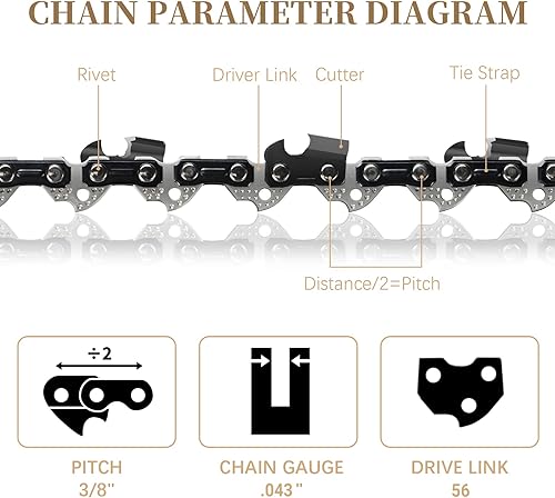 Miniatura 2 de SENSILIN Cadena de motosierra de 16 pulgadas, 56 eslabones de transmisión de 38 pulgadas, paso LP de 0.043 pulgadas, repuesto para EGO, Makita,