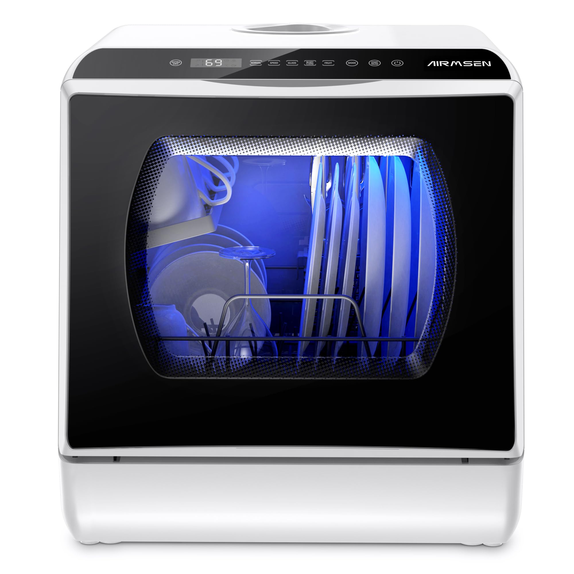 AIRMSEN Mini Lavavajillas de Sobremesa con 5+1 Programas, Depósito de 5 Litros, 2 Formas de Suministro de Agua, Control Táctil y Pantalla LED, Ideal para Cocinas Familiares, Apartamentos y Dormitorios