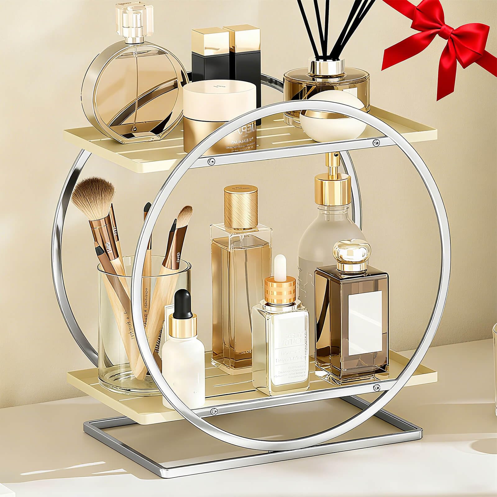 Perfume Organizer for Dresser, 2-Tier Bathroom Counter Organizer, Elegant Makeup Organizer for Vanity, Multi-Purpose Cosmetics Skincare Organizers Countertop (Silver Frame & Cream White Tray)