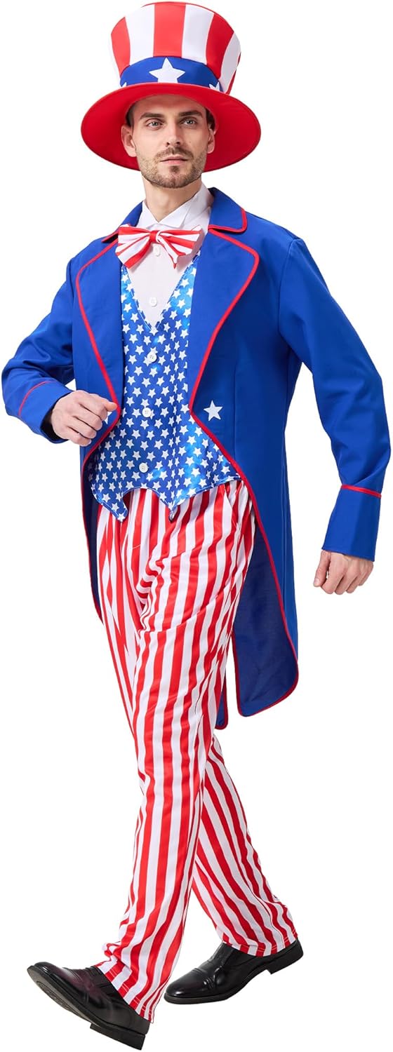 Uncle Sam Costume Adult Men, 4pcs 4th of July Outfit, American Flag Patriotic Party Suit for Independence Day