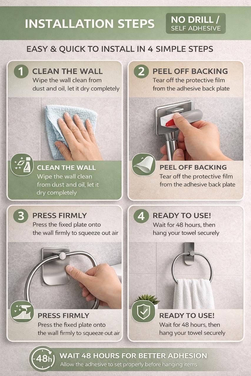 Oslen Magic Sticker Self Adhesive Stainless Steel Towel Ring Holder β Apple Shape Wall Mount, Chrome Finish, Rust-Resistant, Space-Saving Bathroom Accessory for Hand Towels No Drilling (Pack of 1) 4