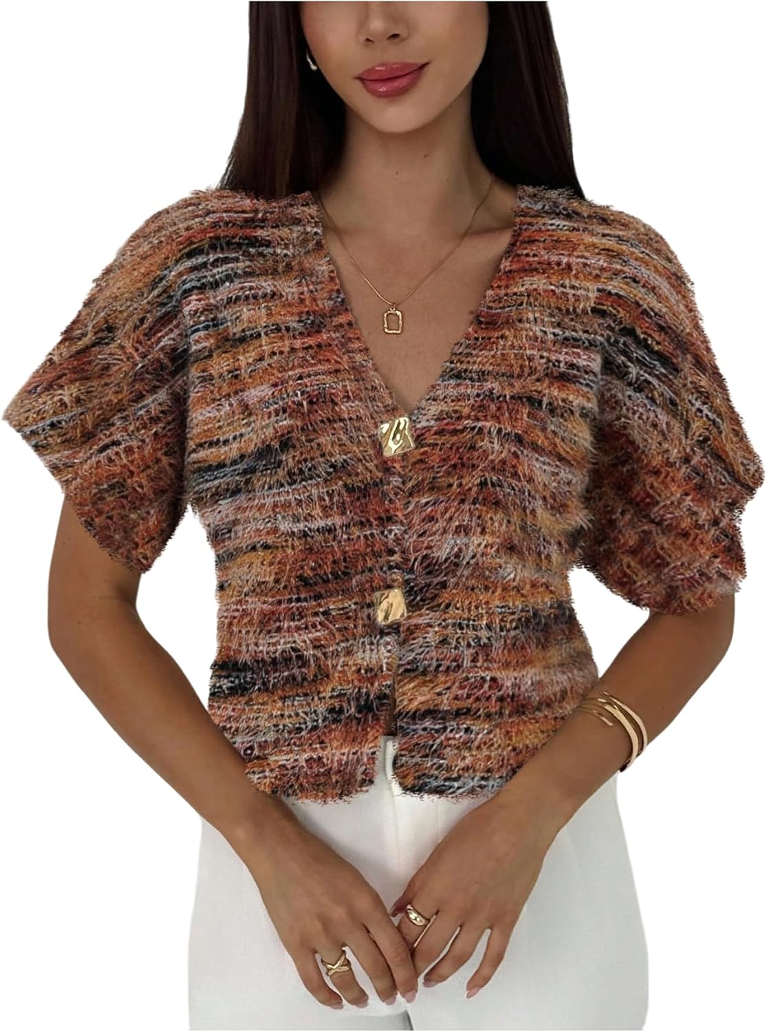 SOLY HUX Women's Short Sleeve Office Spring Winter Cardigan Sweater Button Down V Neck Slim Fit Elegant Knit Tops