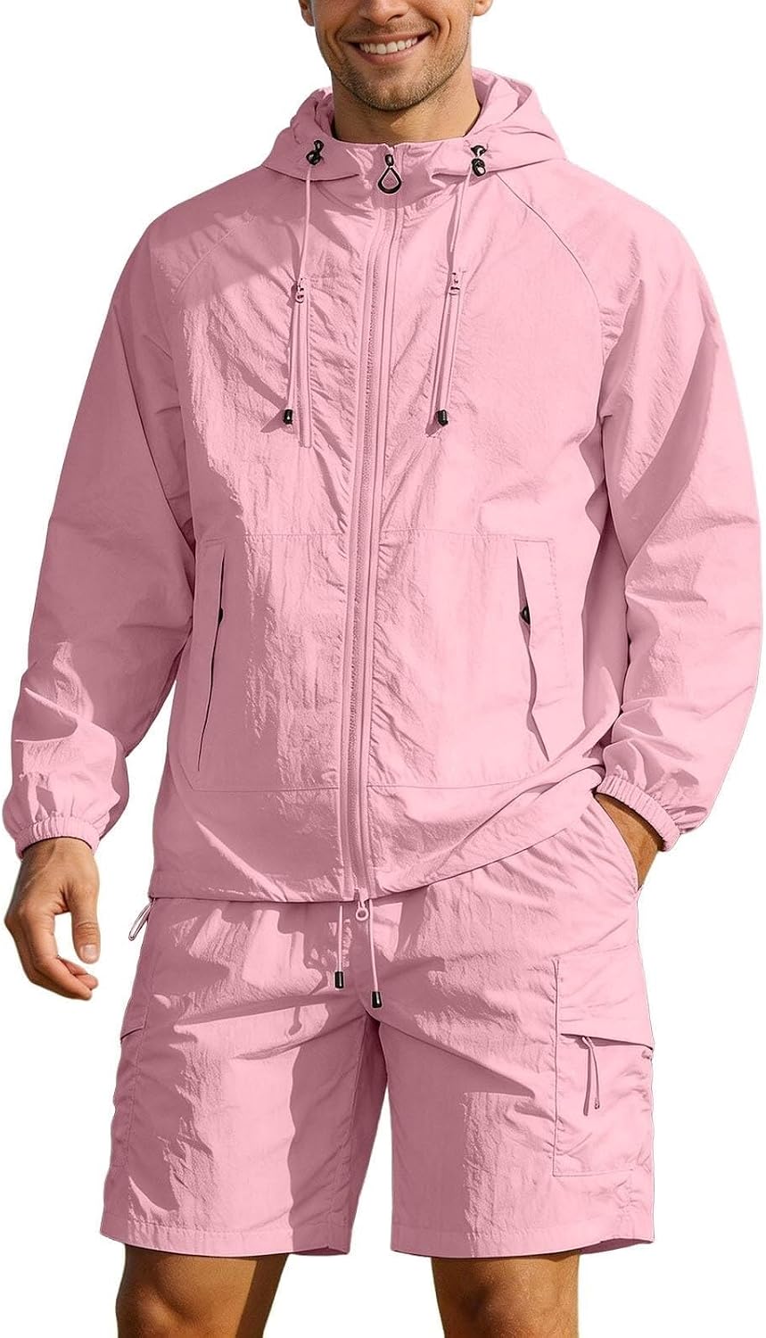 Men's 2 Piece Tracksuit Set: Long Sleeve Hoodie Shirt & Athletic Shorts | Lightweight breathable men's summer set, moisture-wicking fabric, perfect for workouts, gym, running, and casual