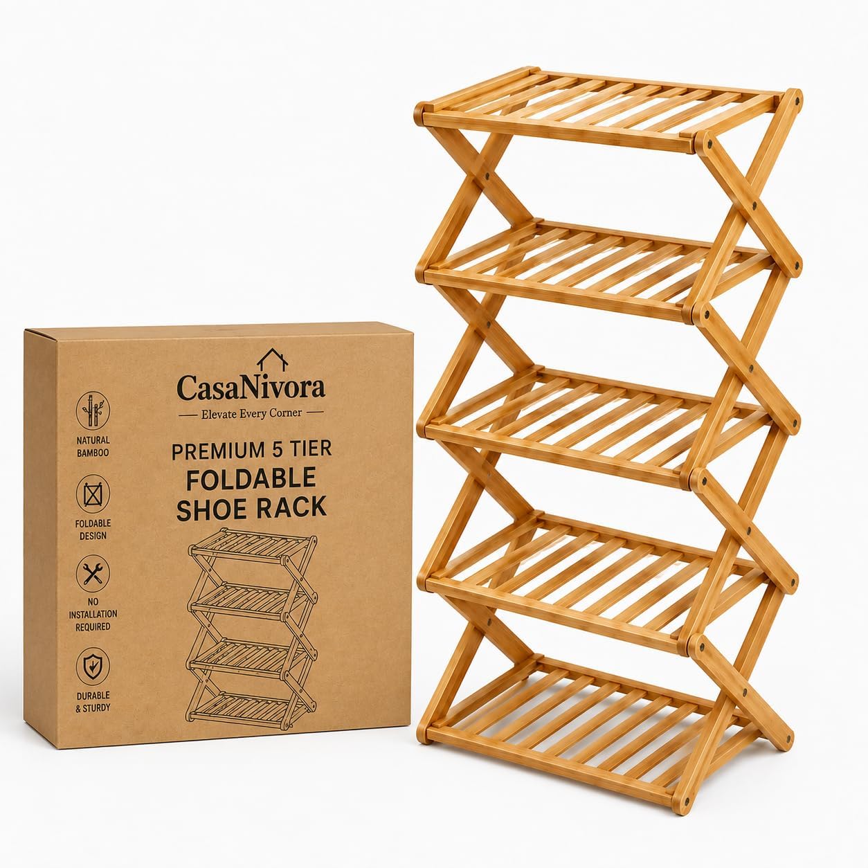 5 Tier Foldable Shoe Rack | Bamboo Vertical Shoe Organiser | Narrow Tall Shoe Shelf, Portable Free-Standing Storage for Entryway, Closet, Corner, Bedroom & Living Room | No Installation Required