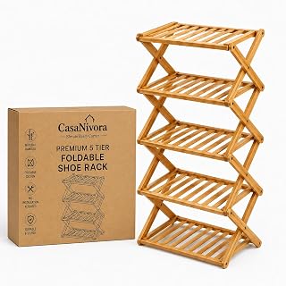 5 Tier Foldable Shoe Rack | Bamboo Vertical Shoe Organiser | Narrow Tall Shoe Shelf, Portable Free-Standing Storage for Entryway, Closet, Corner, Bedroom & Living Room | No Installation Required