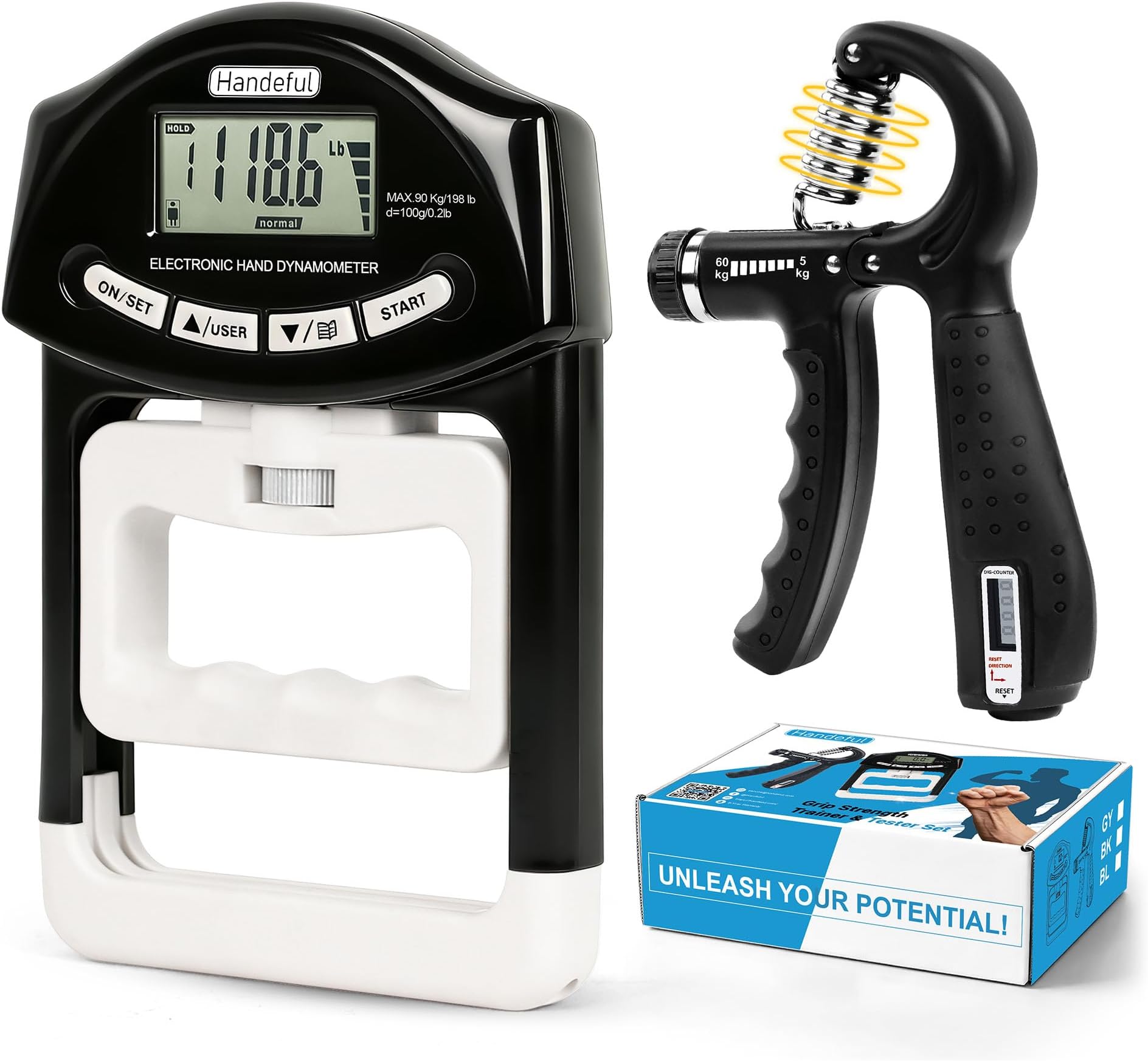 Handeful Grip Strength Tester Trainer - Dynamometer Handgrip Measurer Meter, Handheld Strengthener Exerciser for Sports, School, and Home Use