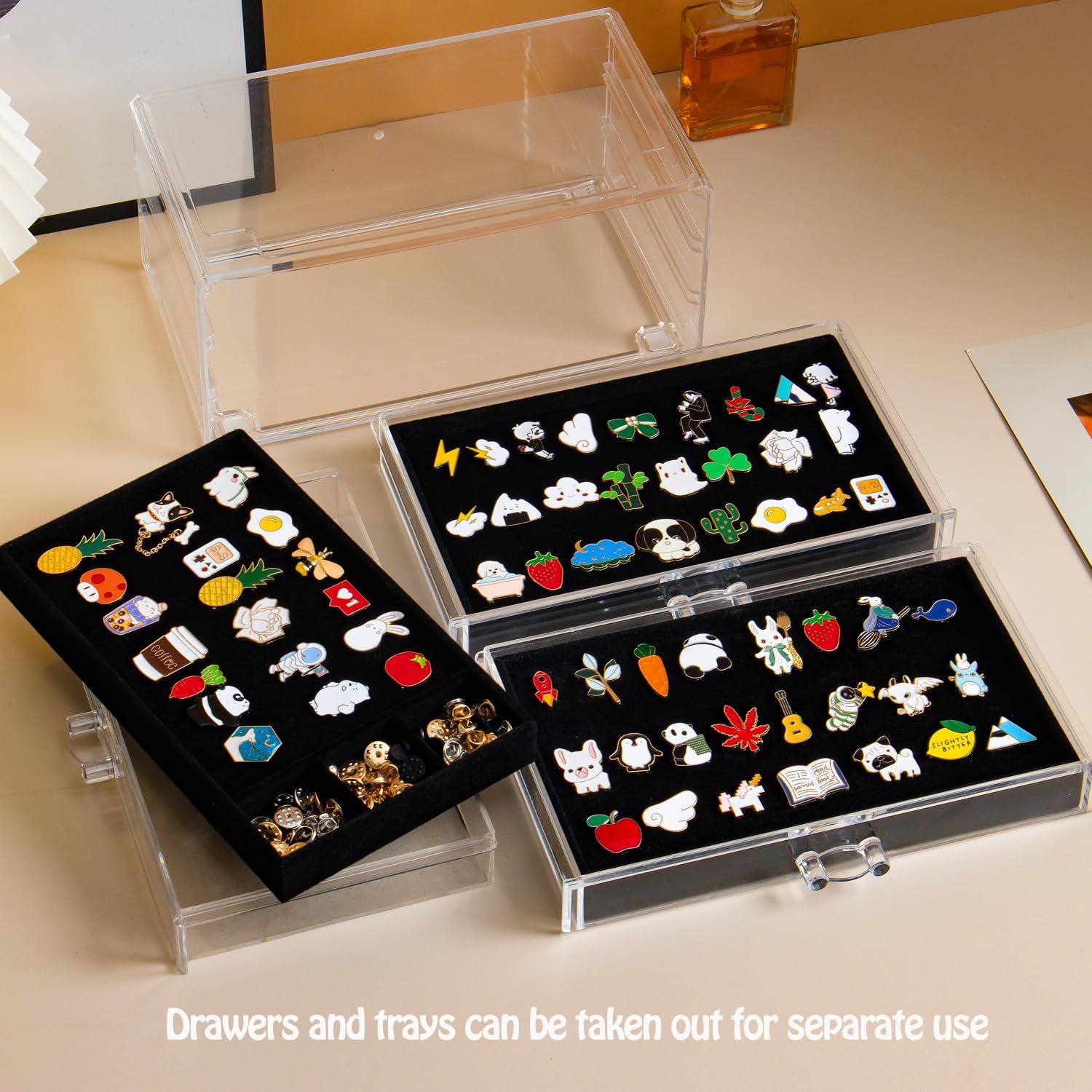 SPAKOWN Pin Display Case With 3 Drawers, Enamel Pin Display Box Dustproof Pin Collection Display Holder Pin Organizer for Collectors (Black) 3 Drawers Black