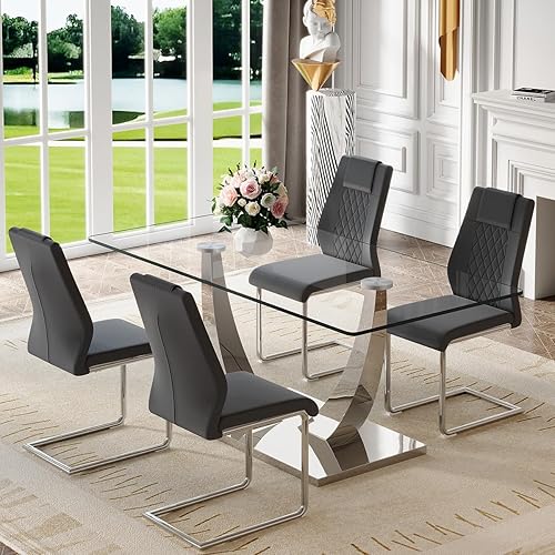 Miniatura 56 de Juego de mesa de comedor para 4, 63 pulgadas, juego de mesa de comedor de vidrio templado negro para 4 personas con sillas de poliuretano, moderno