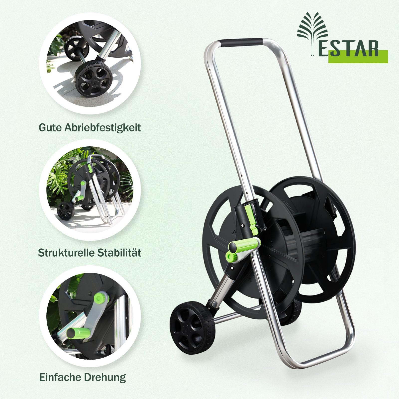 Schlauchwagen aus Metall – fahrbare Schlauchtrommel für 60 m (1/2 Zoll) Schlauch,mit Rädern, Verstellbarem Handlauf & Robustem Metallrahmen,Garten, Platzsparend & Einfach Abnehmbar