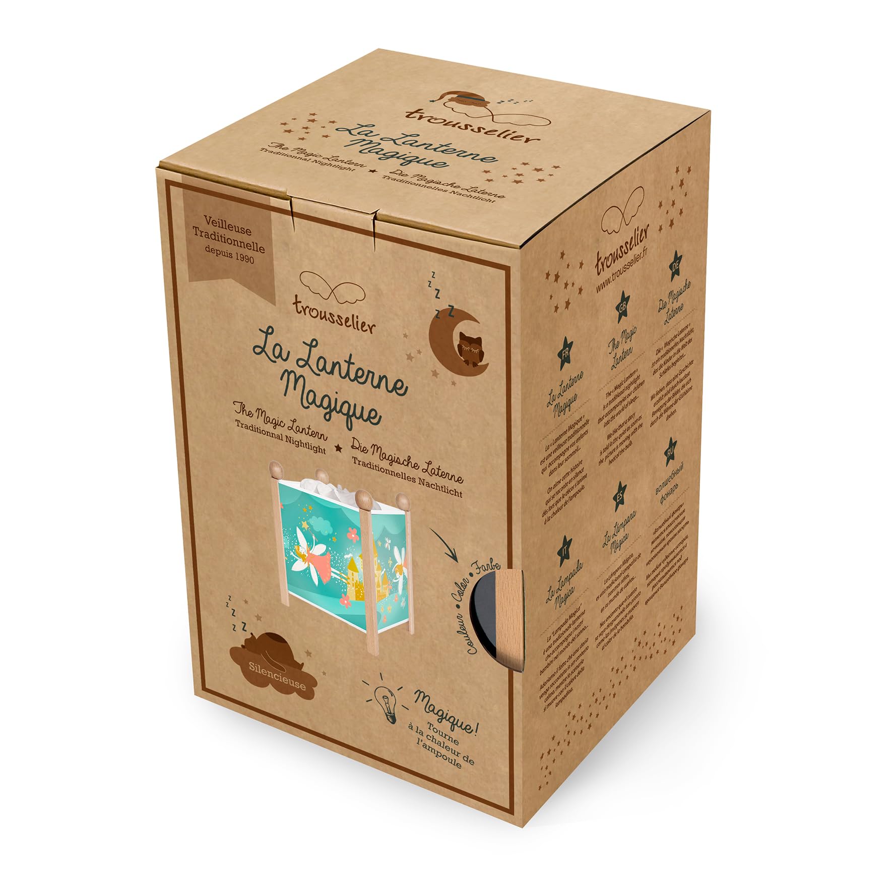 TROUSSELIER - Princesses Fées - Veilleuse - Lanterne Magique - Idéal Cadeau Enfant - Dessin animé - Lumière rassurante - Couleur Bois Naturel - Ampoule 12V 10W inclue - Prise Elec. EU