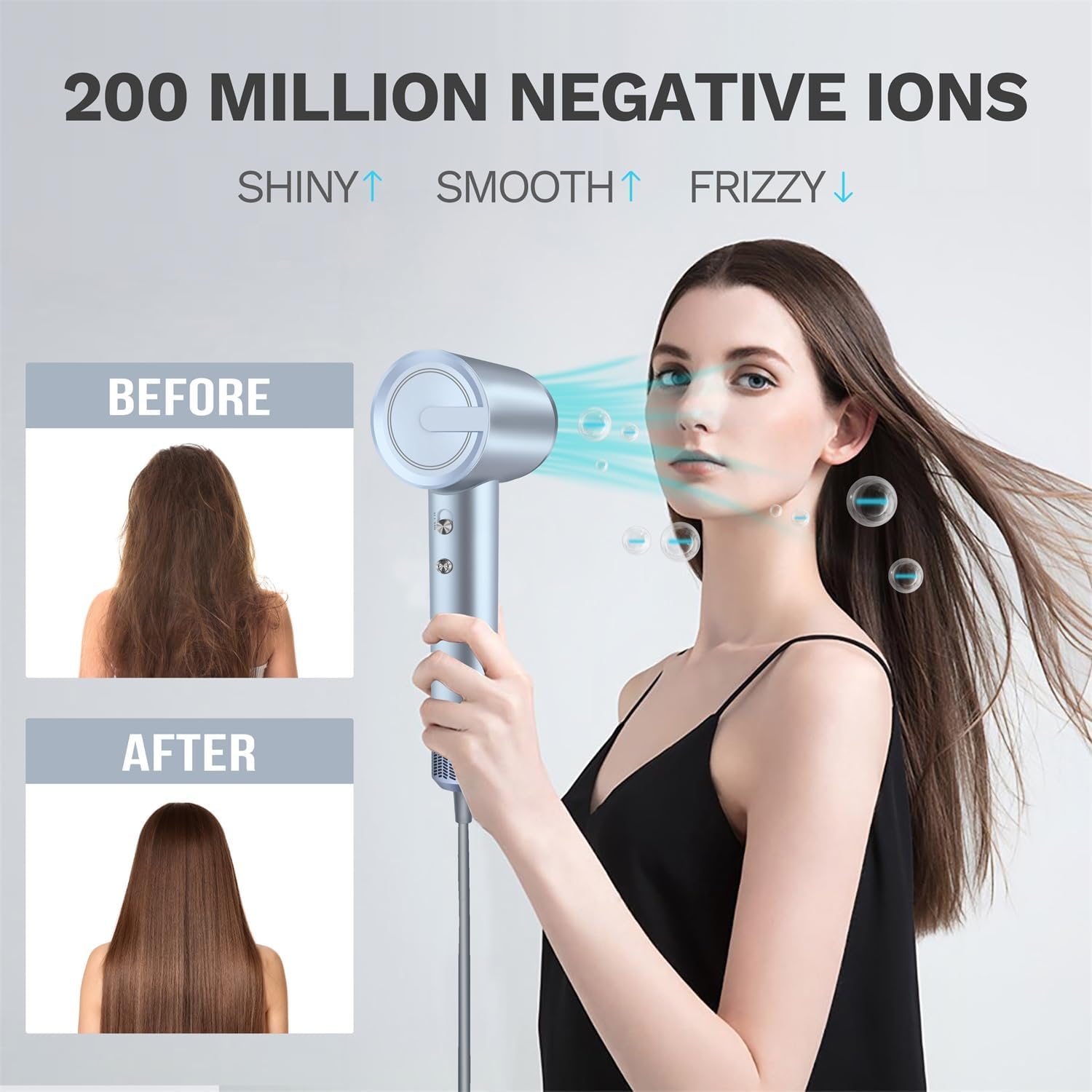 Ionic Hair Dryer with 200 Million Negative Ions, High-Speed Blow Dryer for Women and Men Fast Drying Low Noise Travel Hairdryer (Silver Blue, with Concentrator Nozzle)