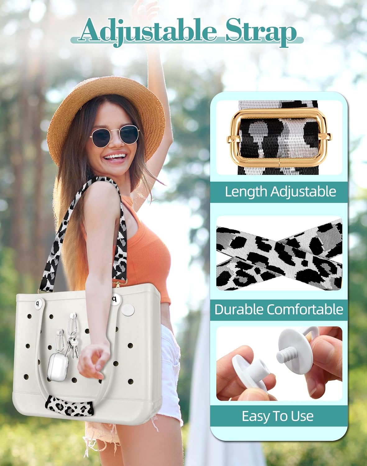 Bag Strap Crossbody Charms for Bogg Bag Accessories - Shoulder Strap Neoprene Luggage Handle Wrap for Suitcases & 2 Key Holders Black Leopard - Image 2