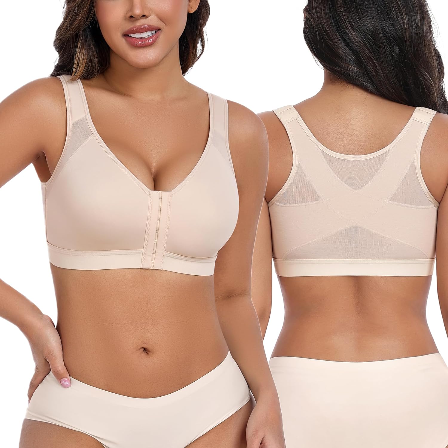 HACI Women's Front Closure Posture Bra Full Coverage Back Support Everyday Wireless Comfy Unpadded Cup